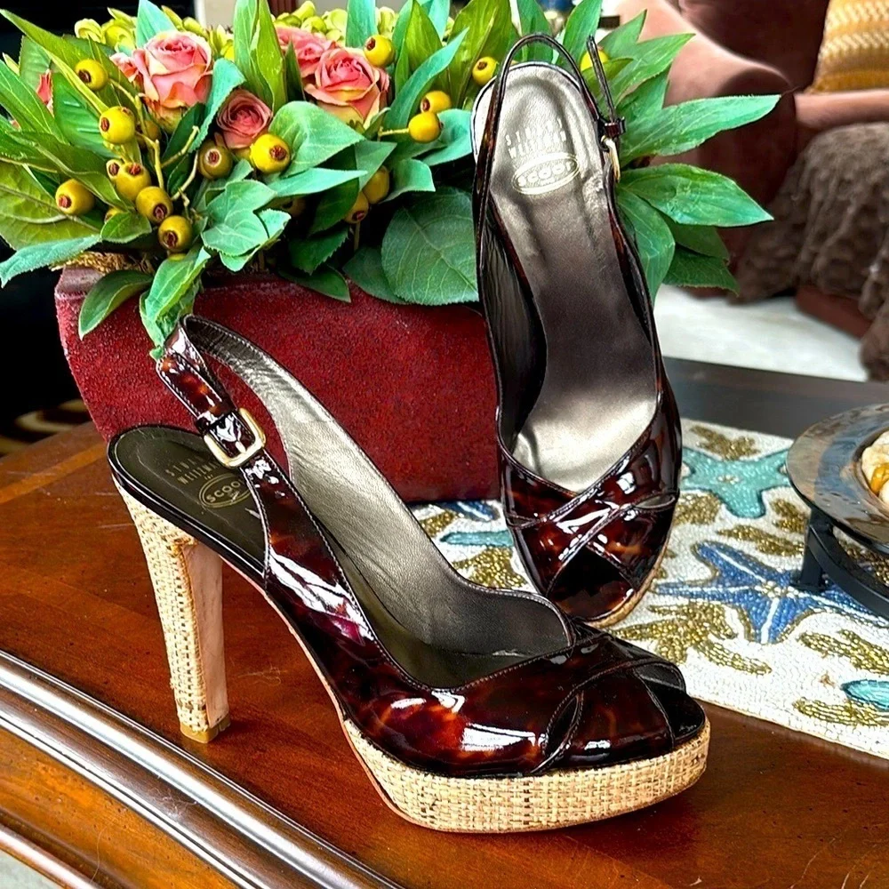 Stuart Weitzman for Scoop NYC Slingback Peep Toe Heels Tortoise Patent Leather